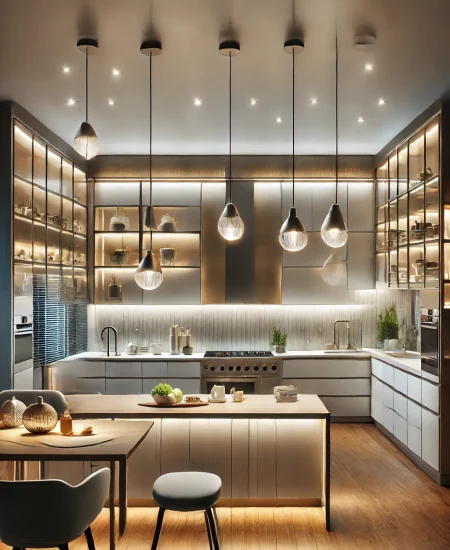 DALL·E 2024-07-17 13.15.17 - A modern kitchen with sleek, energy-efficient LED lighting. The scene showcases various LED fixtures, including under-cabinet lights, pendant lights a