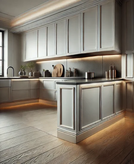 DALL·E 2024-07-17 13.16.39 - A modern kitchen showcasing elegant skirting boards (zocalos) and stylish splashbacks (copetes). The scene features sleek, seamless skirting boards th