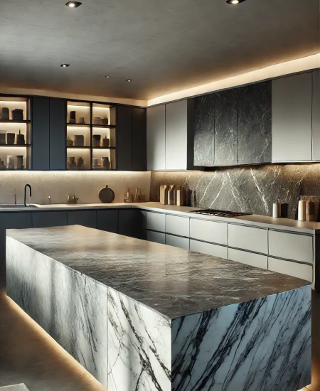 DALL·E 2024-07-17 13.20.34 - A modern kitchen highlighting various countertops. The scene features a range of countertop materials, including marble, granite, and quartz, each wit